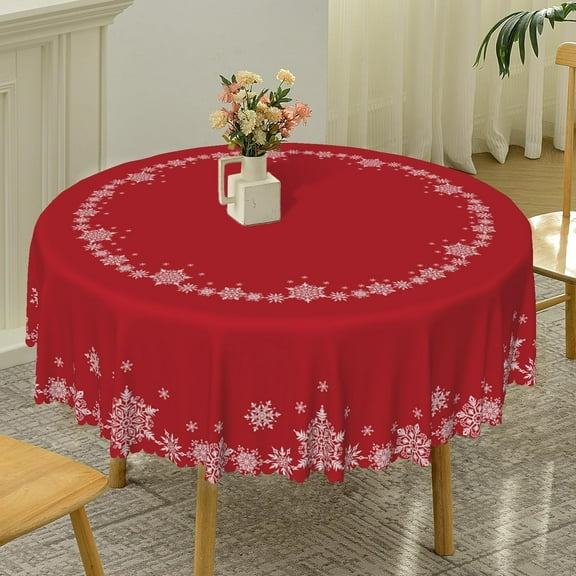 Christmas Round Tablecloth 48 Inch Red and White Snowflakes Decorative Table Cloth Washable and Wrinkle Resistant Fabric Table Cover for Kitchen Dining Winter Holiday Xmas New Year Party Decor