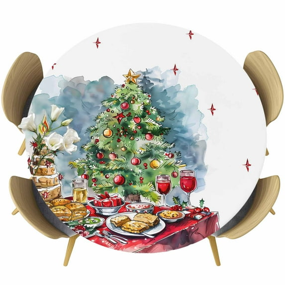 Christmas Round Tablecloth 55-60 Inch Round Fitted Table Cloth with Elastic Edge, Xmas Tree Watercolor Food Red Green Blue Waterproof Table Cover Protector for Outdoor Picnic Party Dining