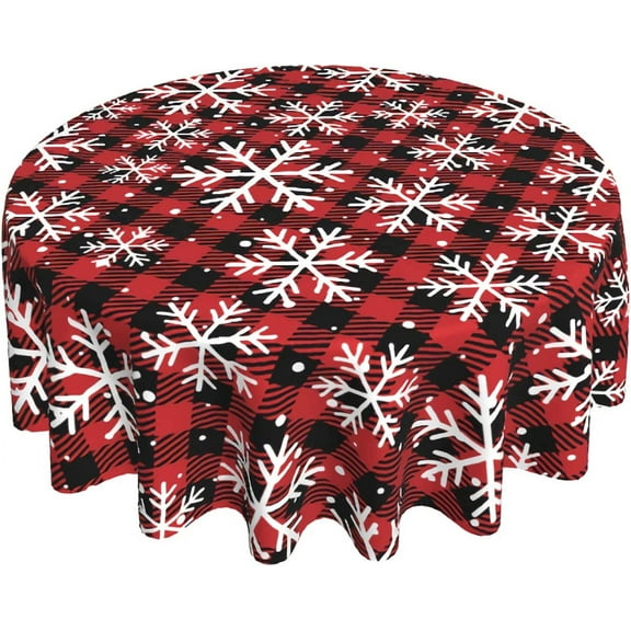 Christmas Round Tablecloth 60 Inch Christmas Snowflake Table Cloth Red Black Buffalo Plaid Polyester Table Cover Holiday Decorative for Christmas Winter Holiday Kitchen Party Indoor and Outdoor