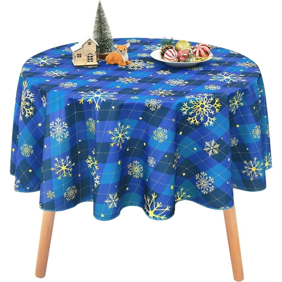 Christmas Round Tablecloth 60 Inch Gold Snowflake Table Cloth Buffalo Plaid Holiday Tablecloth, Waterproof Winter Xmas Table Cover for Party Picnic Dinner, Christmas Decor, Blue