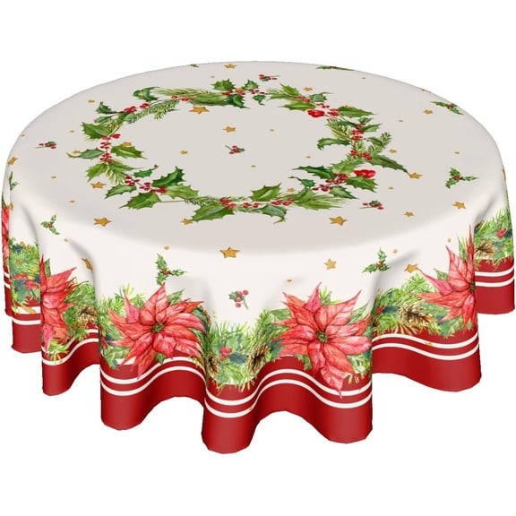 Christmas Round Tablecloth 60 Inch Holiday Tablecloth Decor Winter Merry Christmas Table Cloth Polyester Fabric Washable Xmas Table Cover for Kitchen Dining Room Outside Decoration