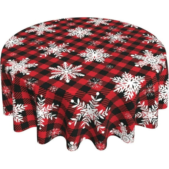 Christmas Round Tablecloth 60 Inch Red Black Buffalo Plaid Tablecloth Waterproof Polyester Xmas Winter Snowflake Table Cloth Table Cover for Kitchen Dining Room Picnic Patio Party