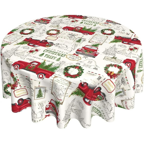 Christmas Round Tablecloth 60 Inch Red Truck Table Cloth Christmas Tree Vintage Polyester Table Cover Holiday Decorative for Christmas Winter Holiday Kitchen Party Indoor and Outdoor