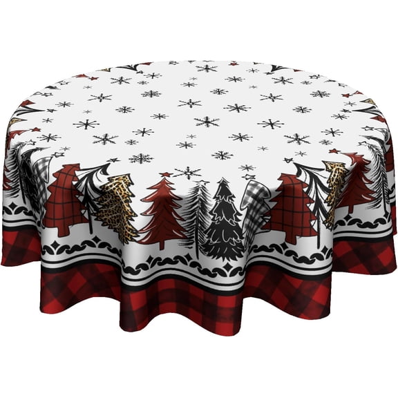 Christmas Round Tablecloth 60 Inch,Rustic Snow Xmas Pine Trees Buffalo Plaid Farmhouse Reusable Wipable Table Cover for Kitchen Party Picnic Dinner Winter Holiday Table Decor