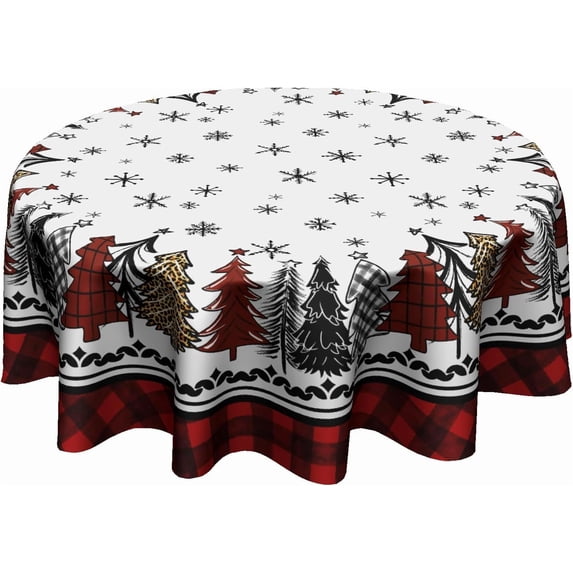 Christmas Round Tablecloth 60 Inch,Rustic Snow Xmas Pine Trees Buffalo Plaid Farmhouse Reusable Wipable Table Cover for Kitchen Party Picnic Dinner Winter Holiday Table Decor
