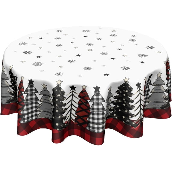 Christmas Round Tablecloth 60 Inch Winter Christmas Trees Snowflake Black and Red Buffalo Plaid Table Cloth Christmas Holiday Polyester Circle Table Cover for Dining Room Home Decor