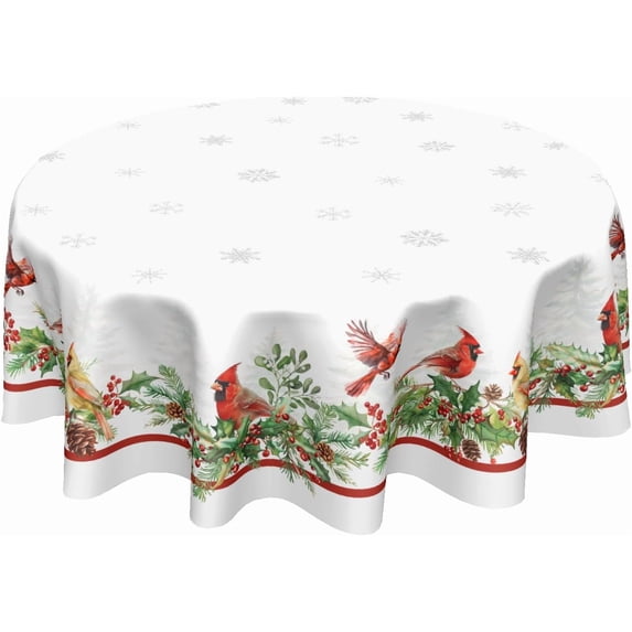 Christmas Round Tablecloth 60 Inch Winter Holiday Red Bird Holly Leaf Circle Table Cloth Xmas Snowflake Theme Table Cover for Kitchen Dinner Home Decor