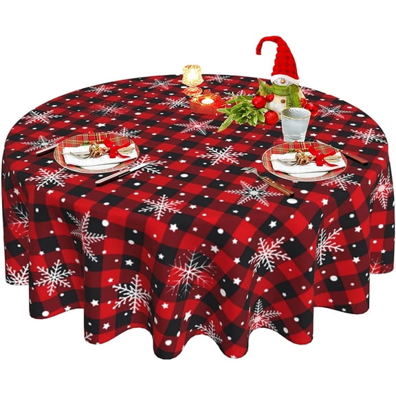 Christmas Round Tablecloth 60 Inch, Winter Snowflake Buffalo Plaid Tablecloth, Red Black Check Xmas Table Cloth for Farmhouse Kitchen Decor, Holiday Outdoor Wipeable Polyester Fabric Table Cover