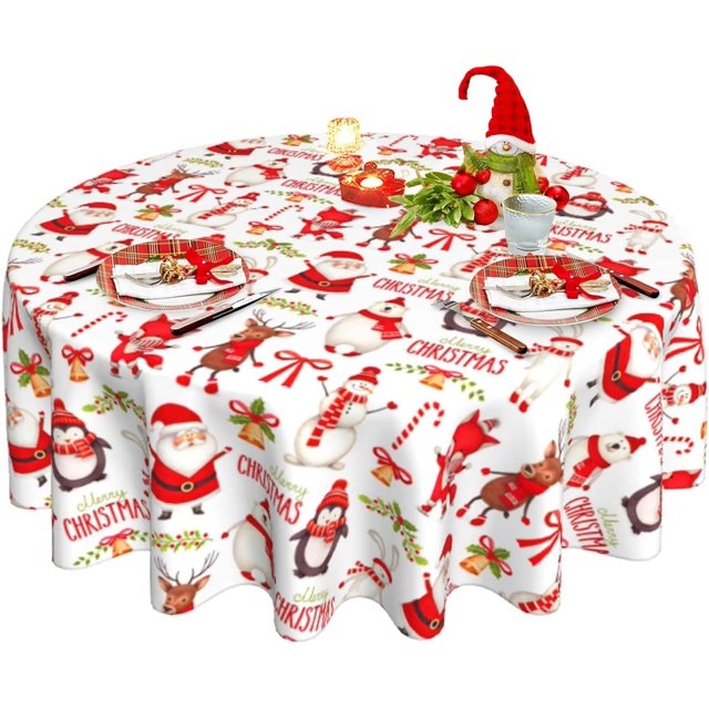 Christmas Round Tablecloth 60 Inch, Winter Snowman Santa Table Cloth