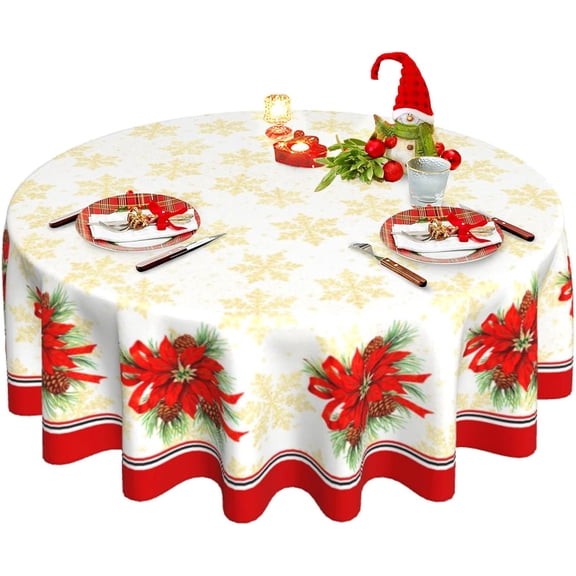Christmas Round Tablecloth 60 Inch, Xmas Gold Snowflake Red Floral Table Cloth for Winter Farmhouse Kitchen Decor, Wipeable Polyester Fabric Table Cover for Holiday Party