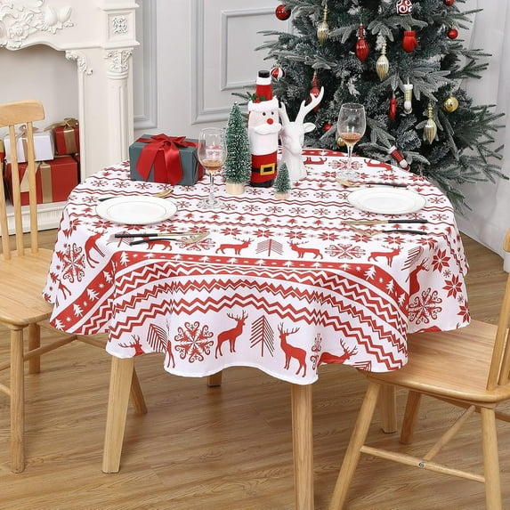 Christmas Round Tablecloth 60 Inch, Xmas Tree and Deer Design Table Cloth Waterproof Holiday Decorative Boho Table Cover for Outdoor, Indoor Party Kitchen Dining Room, White