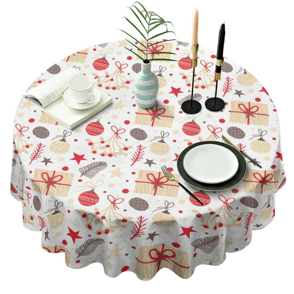 Christmas Round Tablecloth 60x60in(153x153cm) – Waterproof Polyester Table Cover with Full Print Design, Wrinkle Resistant & Washable for Kitchen Dining Party Decor