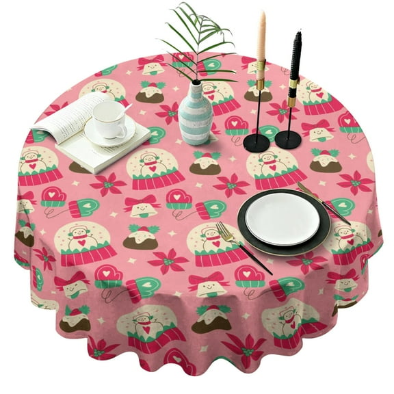 Christmas Round Tablecloth 60x60in(153x153cm) – Waterproof Polyester Table Cover with Full Print Design, Wrinkle Resistant & Washable for Kitchen Dining Party Decor