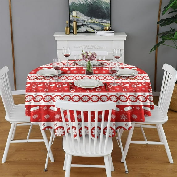 Christmas Round Tablecloth 60x60in(153x153cm) – Waterproof Polyester Table Cover with Full Print Design, Wrinkle Resistant & Washable for Kitchen Dining Party Decor