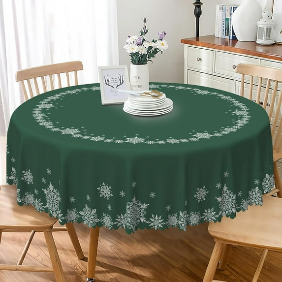 Christmas Round Tablecloth 70 Inch Green and White Snowflakes Circular Table Cloth Washable and Reusable Fabric Table Cover for Kitchen Dining Winter Holiday Xmas New Year Party Decoration
