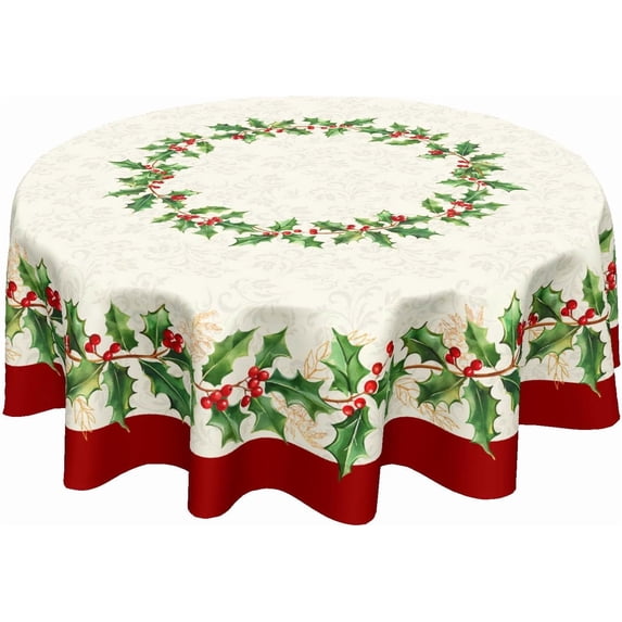 Christmas Round Tablecloth 70 Inch Red Xmas Holly Leaves Berries Pattern Circle Table Cloth Winter Holiday Decorative Table Cover for Kitchen Dinner Home Decor