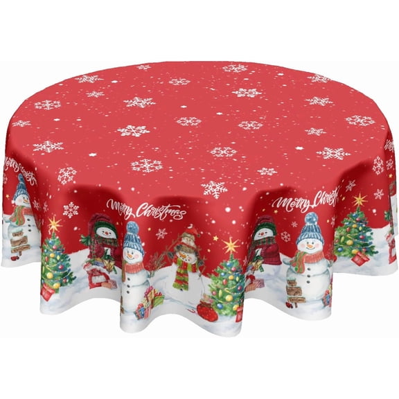 Christmas Round Tablecloth 70 Inch Xmas Snowman and Snowflake Pattern Circle Table Cloth Winter Table Cover Washable Polyester Decor for Home Kitchen Dinning Party