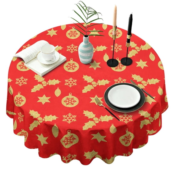 Christmas Round Tablecloth 70x70in(178x178cm) – Waterproof Polyester Table Cover with Full Print Design, Wrinkle Resistant & Washable for Kitchen Dining Party Decor