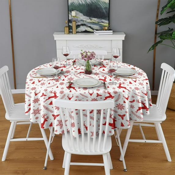 Christmas Round Tablecloth 70x70in(178x178cm) – Waterproof Polyester Table Cover with Full Print Design, Wrinkle Resistant & Washable for Kitchen Dining Party Decor