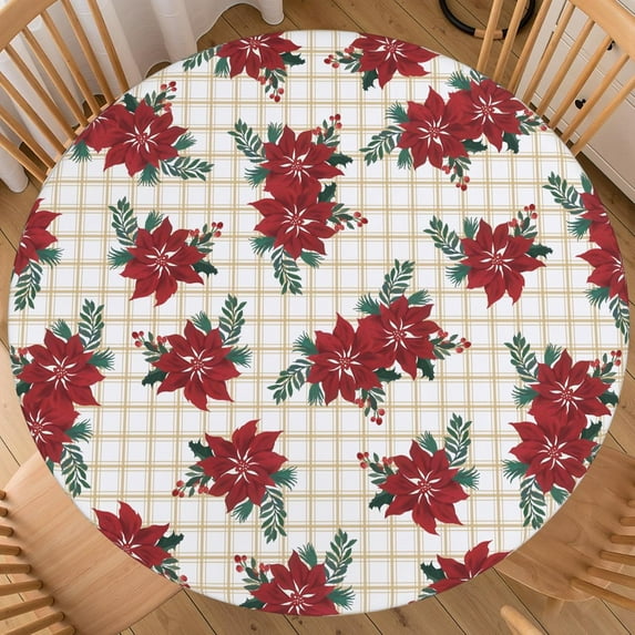 Christmas Round Tablecloth Fitted Best for 48"-52" Xmas Winter Poinsettia Table Cloth Vintage Elastic Edge Water-Resistant Washable Floral Buffalo Plaid Table Cover for Party Picnic Indoor Decor