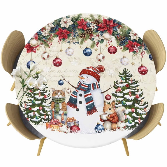 Christmas Round Tablecloth, Fitted Table Cover with Elastic for 36"-44" Round Tables, Snowman Xmas Tree Poinsettia Flowers Balls Squirrel Table Cloth Outdoor Dinning Party Waterproof Tablecloths