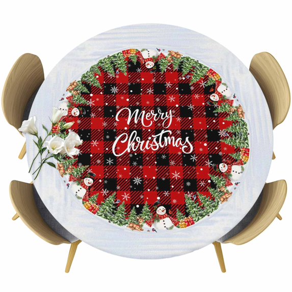 Christmas Round Tablecloth, Fitted Table Cover with Elastic for 36"-44" Round Tables, Xmas Snowman Snowflakes Pine Trees Red Plaid Table Cloth Outdoor Indoor Dinning Party Waterproof Tablecloths