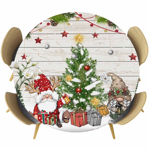 Christmas Round Tablecloth, Fitted Table Cover with Elastic for 45"-54" Round Tables, Gnomes Xmas Tree Snowflake Winter Gifts Wooden Table Cloth Outdoor Indoor Dinning Party Waterproof Tablecloths