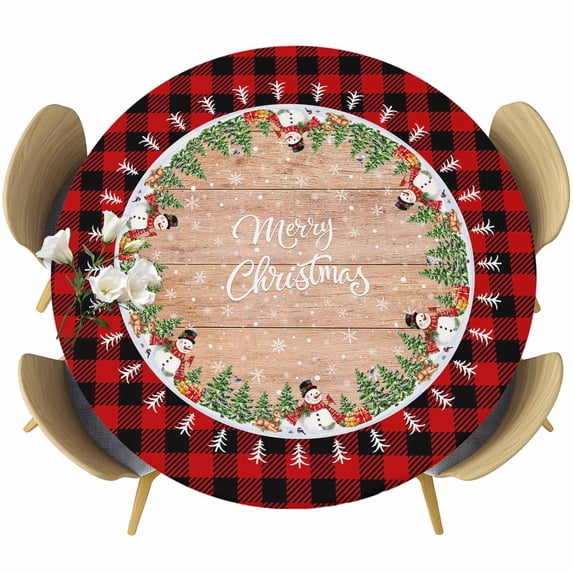 Christmas Round Tablecloth, Fitted Table Cover with Elastic for 45"-54" Round Tables, Xmas Tree Snowman Snowflake Red Plaid Table Cloth Outdoor Indoor Dinning Party Waterproof Tablecloths