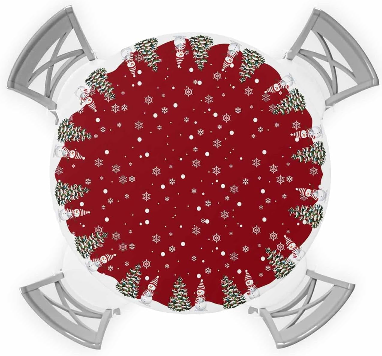 Christmas Round Tablecloth Fitted Table Cover, Elastic Tablecloths Waterproof Outdoor Indoor Stretch Cloth Tablecover for Dinner, Party, Shower, Winter Snowflake Red Snowman 36-44IN