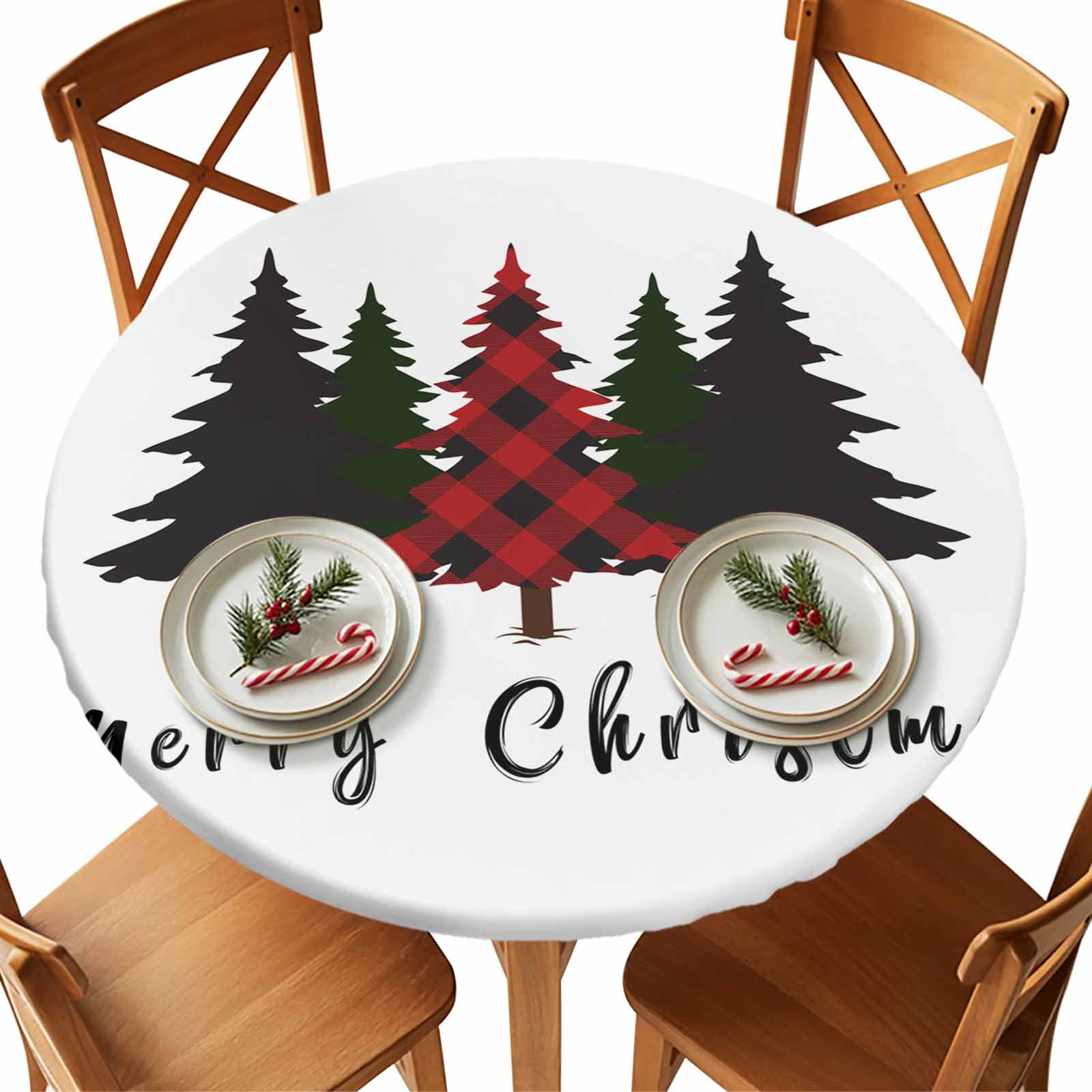 Christmas Round Tablecloth Red Buffalo Plaid Checkered Pine Tree — free download