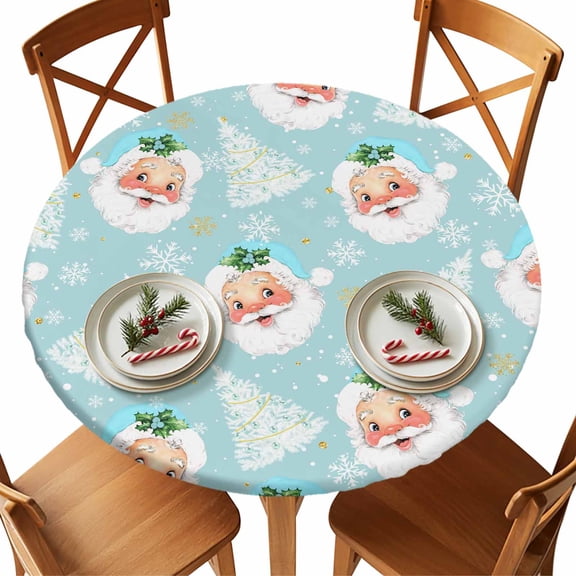 Christmas Round Tablecloth Teal Blue Santa Claus Tablecloths with Elastic Edge Fitted Winter Snowflake Xmas Tree Table Cover,Waterproof Oil Proof for Dinner,Outdoor, Party