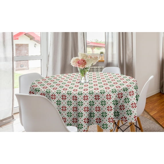 Christmas Round Tablecloth, Traditional Norwegian Selbu Rose Motifs in Diagonal Order Nordic Classical, Circle Table Cloth Cover for Dining Room Kitchen Decor, 60", Red Green White, by Ambesonne