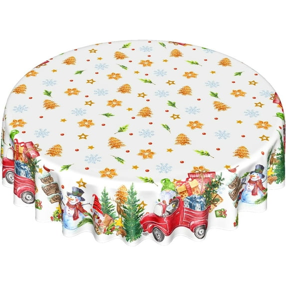 Christmas Round Tablecloth Washable Holiday Microfiber Table Cloth Decorative Table Cover for Winter Holiday Party Kitchen Dining Room, 60 inch with Gingerbread Snowflake Red Truck