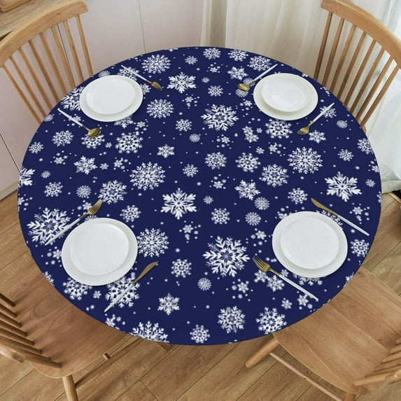 Christmas Round Tablecloth Winter Navy Blue and White Snowflake Farmhouse Table Cover with Elastic Edge Washable Fitted Table Cloth for Kitchen Patry Outdoor Decor Fits 40"-44", Small