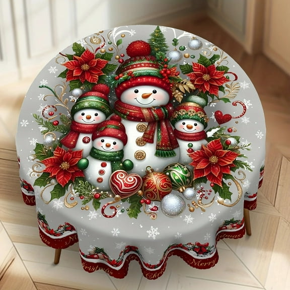 Christmas Round Tablecloth with Snowman Family Design, Red and Green Holiday Pattern, Poinsettia Floral Print, 60x60 Inch