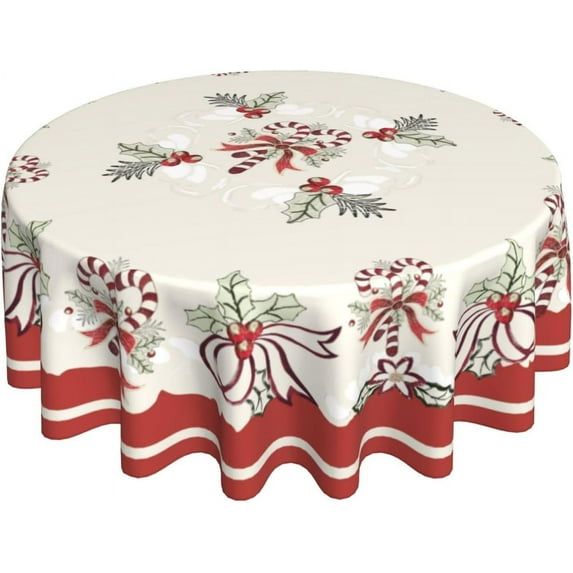 Christmas Round Tablecloths Candy Cane and Christmas Ribbon 60 inch Winter Xmas Table Cloths Cover Mat Washable Table Covers Red Tablecloth Home Parties Holiday Dinner Party Dining Room Table Decor