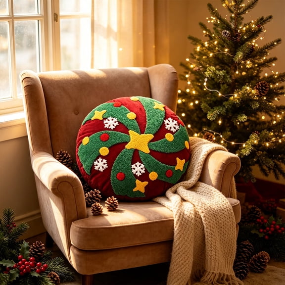 Christmas Round Tufted Throw Pillow Swirl Xmas Tree Embossed Cushion With Star Snowflake Ball Motifs, Soft Winter Christmas Circular Pillow for Couch, Sofa, Bedroom & Holiday Decor