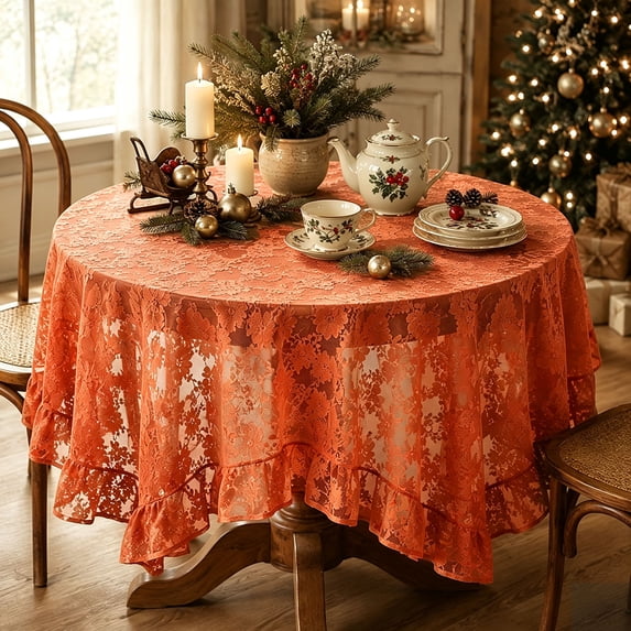Christmas Ruffle Lace Tablecloth, Sheer Floral Lace Table Cover with Ruffled , Decorative Table Cloth for Holiday Wedding Dinner Party Home Decor(55Ã39in)
