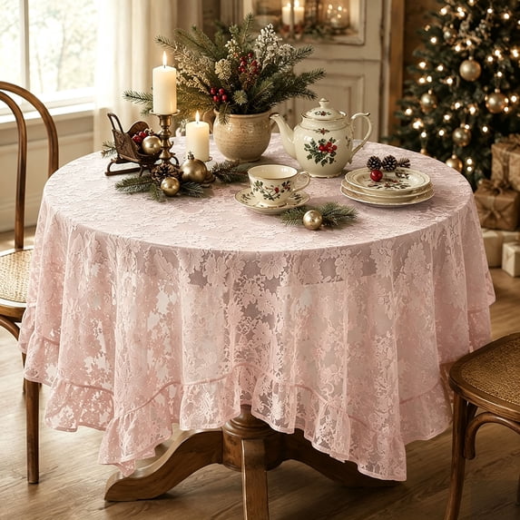 Christmas Ruffle Lace Tablecloth Sheer Floral Table Cover – 55.1" x 55.1" Holiday Dining Christmas Decor Pink