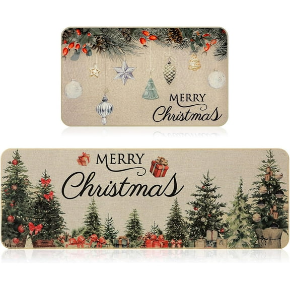 Christmas Rug Christmas Farmhouse Kitchen Rug Set of 2 Xmas Tree Kitchen Mat for Farmhouse Bath Room Decor, 17 x 47 in, 17 x 28 in