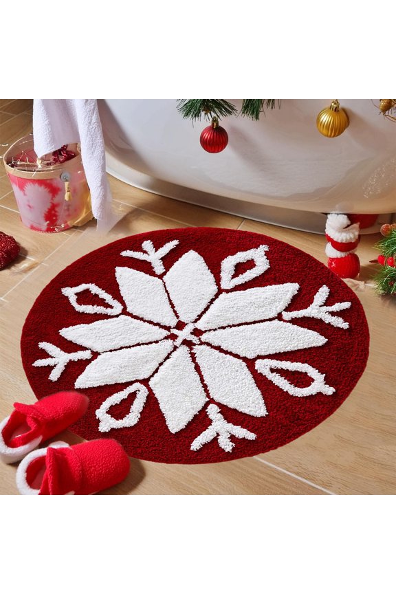 Christmas Rug, Non Slip Rug, Christmas Rocking Chair Rug with Festive Snowflake Design, Red and White Polyester Bath Mat for Holiday Decor