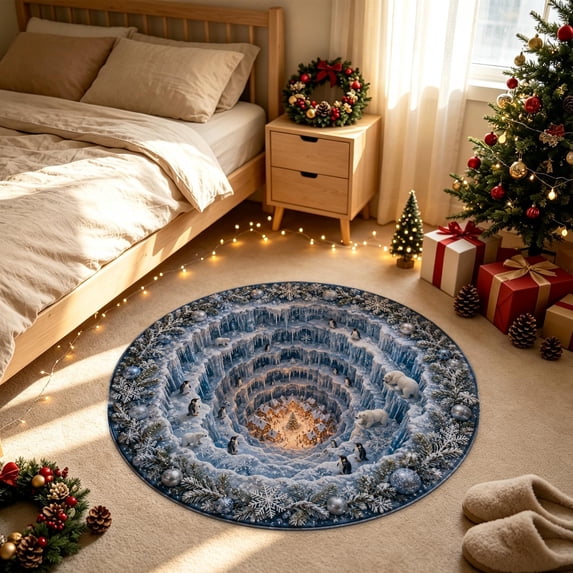 Christmas Rug, Optical Illusion Rug for Santa Snowman,24" Round Decorative Floor Mat for Living Room and Holiday Home Decor