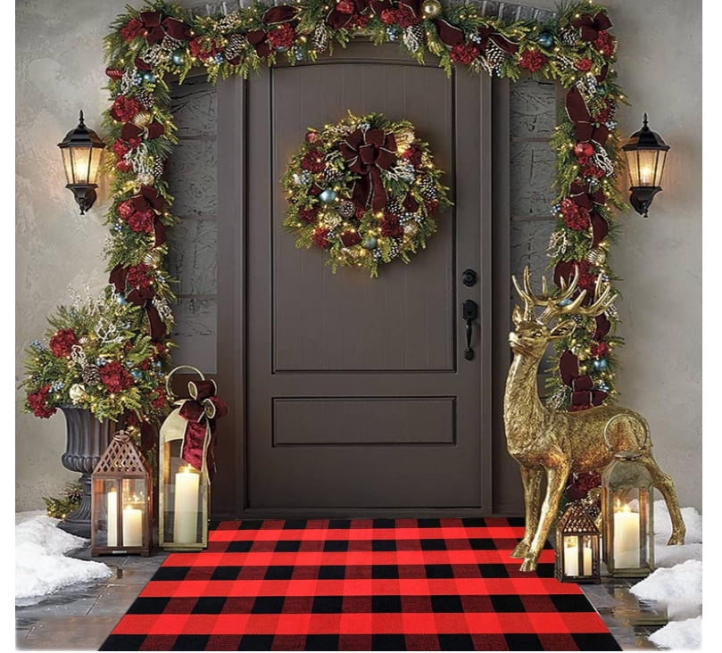 Christmas Rug Red Black Buffalo Plaid Mat for Front Porch Washable Carpet for Porch, Entryway, Farmhouse Christmas Decor27.5" x 43"