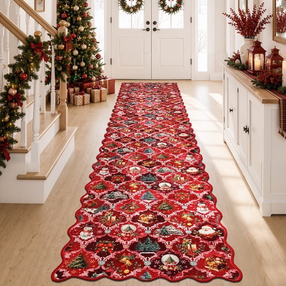 Christmas Rug, Yamaziot 2x10 ft Scalloped Runner Rugs for Hallway, Washable Moroccan Throw Accent Rug for Kitchen Laundry Bedroom Entryway Holiday Decor Indoor Red Carpet