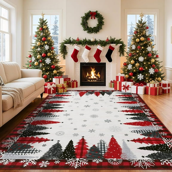 Christmas Rugs 8' x 10' Holiday Area Rugs Mats, Stain-Resistant Xmas Tree Snowflake Accent Carpet, Washable Indoor Rug, Easy to Clean, for Living Room Bedroom, Red