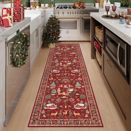 Christmas Runner - 2x8 Red Rug for Hallways, Kitchen, Bathroom - Non Slip, Washable - Soft Christmas Tree Santa Claus Carpet for Entryway, Bedside - Holiday Decor (2'x8', Red)