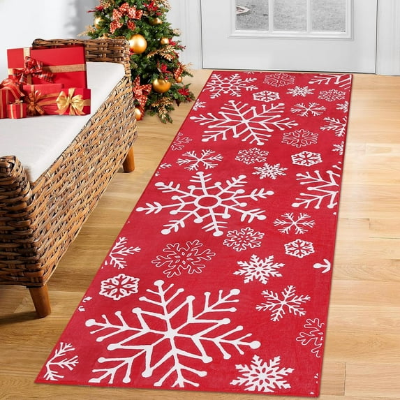 Christmas Runner Rug 2' x 10', Xmas Snowflake Pattern Floor Cover Machine Washable Carpet Rug, Holiday Decorative Non Slip Stain Resistant Accent Rug for Living Room Bedroom Decor, Red