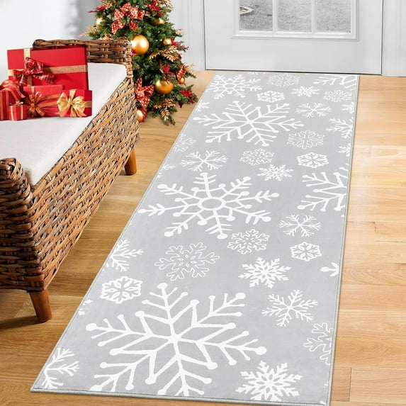 Christmas Runner Rug 2' x 8', Xmas Snowflake Pattern Floor Cover Machine Washable Carpet Rug, Holiday Decorative Non Slip Stain Resistant Accent Rug for Living Room Bedroom Decor, Gray
