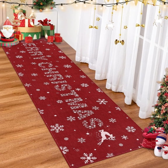 Christmas Runner Rug 2x10 Snowflake Washable Rug Runners for Hallways Non Slip Soft FauxWool Vintage Red Kitchen Runner Rugs Low Pile Christmas Snow Area Rugs for Bedroom Laundry Room