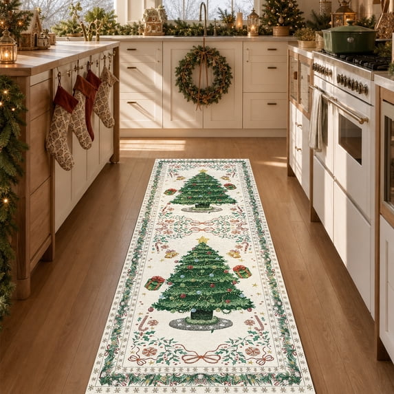 Christmas Runner Rug 2x6, Boho Non-Slip Christmas Tree Machine Washable Carpet for Hallway, Xmas Low-Pile Area Rug for Living Room Bedroom Office, Holiday Decor Beige
